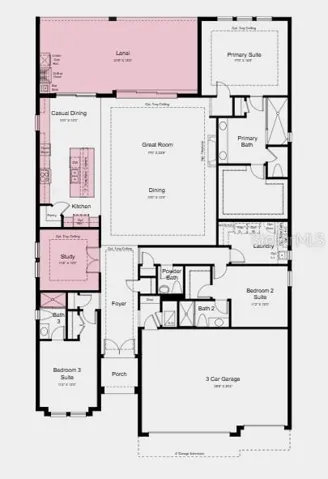 Floor Plan ~ Additional Highlights Include: tray ceiling pkg, shower in place of tub at bath 3, 8' interior doors, rain shower head at primary bath, keyless pad for garage door, gourmet appliance pkg, refrigerator, front load washer and dryer, crown molding and light rail, and garage floor seal with flakes and clear coat