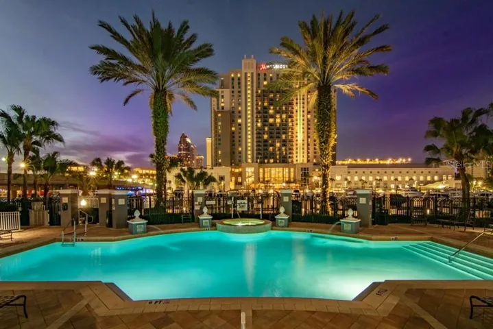 The beautiful pool overlooking Garrison Channel water walk, Marriott and Benchmark Arena