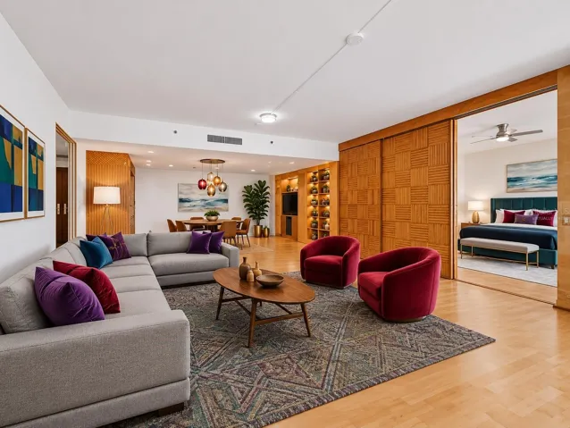Virtually Staged ~ While the Living Room focuses the view, there is still space for a Dining Room or Den