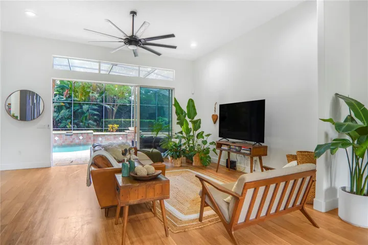 Living room with pool view