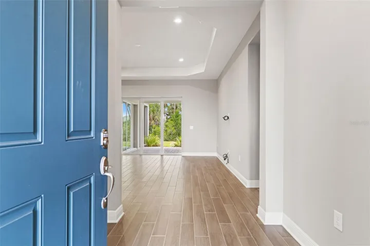 Bright and airy foyer opens into the expansive main living area, highlighted by high tray ceilings, wood-look tile flooring, and views through the sliding glass doors to the outdoor space.