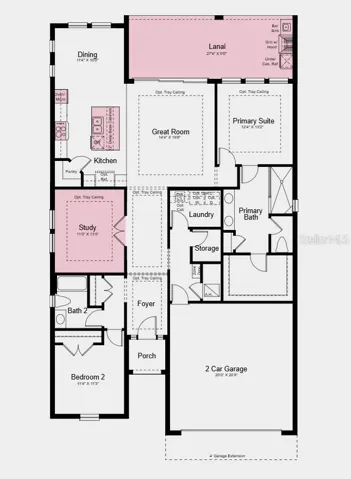 Floor Plan - Additional Highlights Include: an extended covered lanai with an outdoor kitchen, gourmet kitchen, a study in place of a flex room, and a pool and spa included
