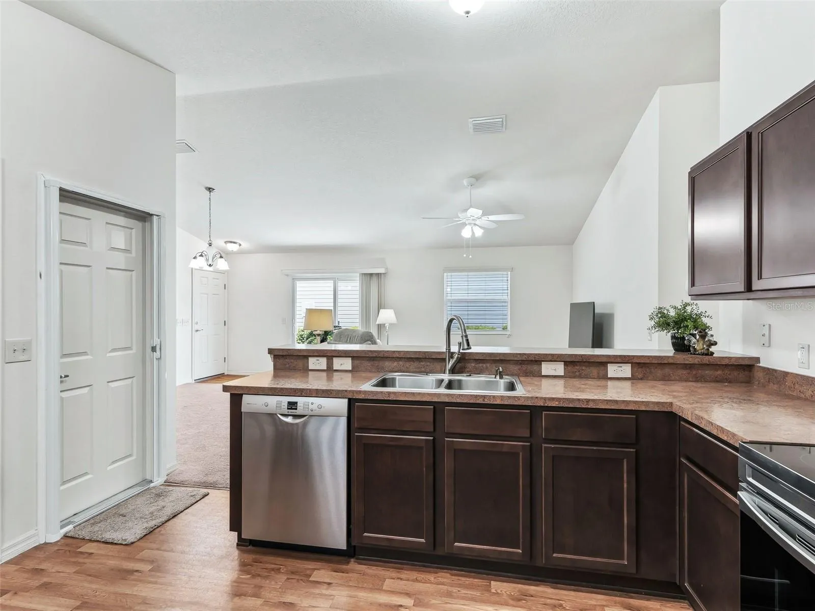 Kitchen opens to living area