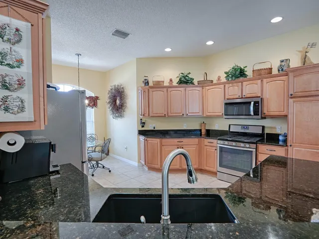 LOVELY GRANITE COUNTER TOPS WITH UPGRADED COMPOSITE SINK AND FAUCET.