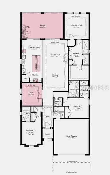 Floor Plan ~ Additional Highlights Include: gourmet kitchen, study in place of a flex room, 10' ceilings, covered extended lanai with an outdoor kitchen with vented hood, 8' interior doors, whole house impact windows, tray ceiling package, pool and spa, direct access from the primary closet to laundry room, and upgraded quartz countertops