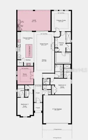 Floor Plan ~ Additional Highlights Include: gourmet kitchen, study in place of a flex room, 10' ceilings, covered extended lanai with an outdoor kitchen with vented hood, 8' interior doors, whole house impact windows, tray ceiling package, pool and spa, direct access from the primary closet to laundry room, and upgraded quartz countertops