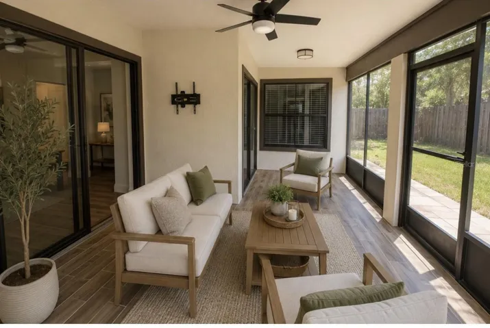 Staged back porch with furniture