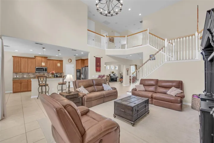 Two-story family room with soaring ceilings