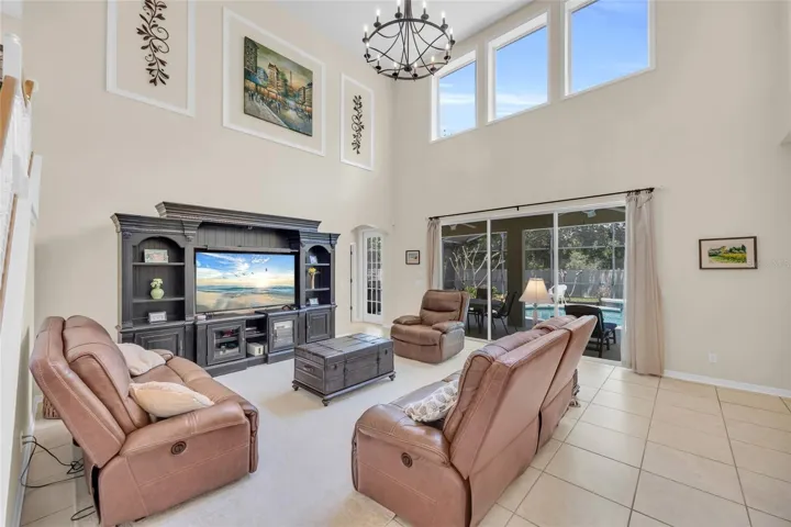 Two-story family room with soaring ceilings