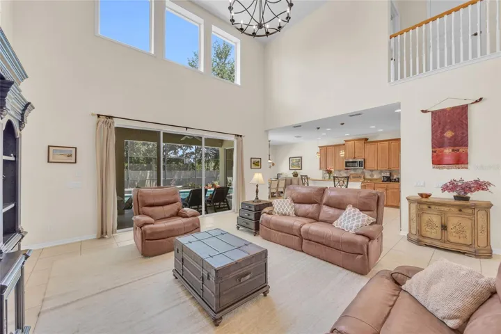 Two-story family room with soaring ceilings
