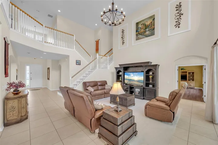 Two-story family room with soaring ceilings