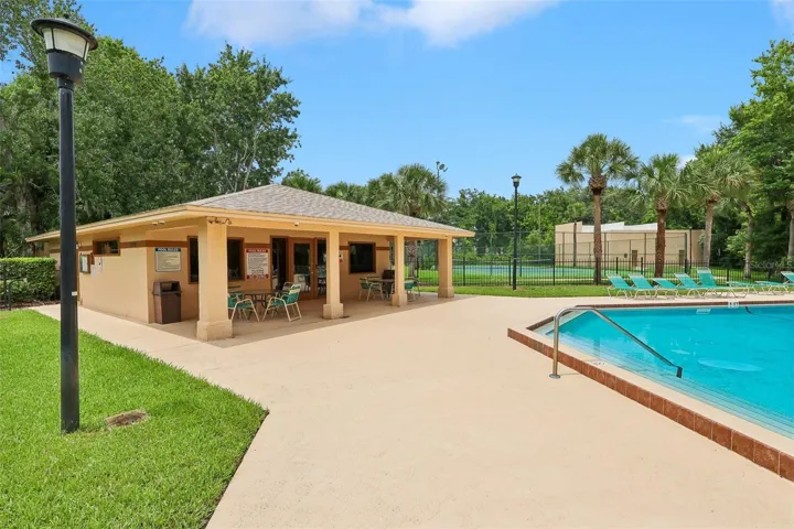 Covered poolside seating.