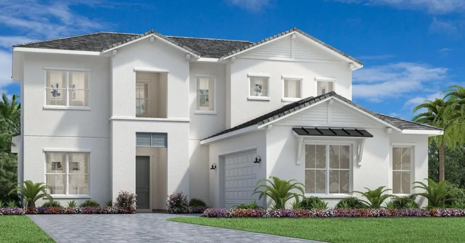 Artist's rendering of Lori Elite Caribbean with 2-car garage. Home has 3-car garage.