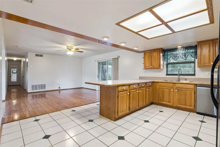 Kitchen over looks living room