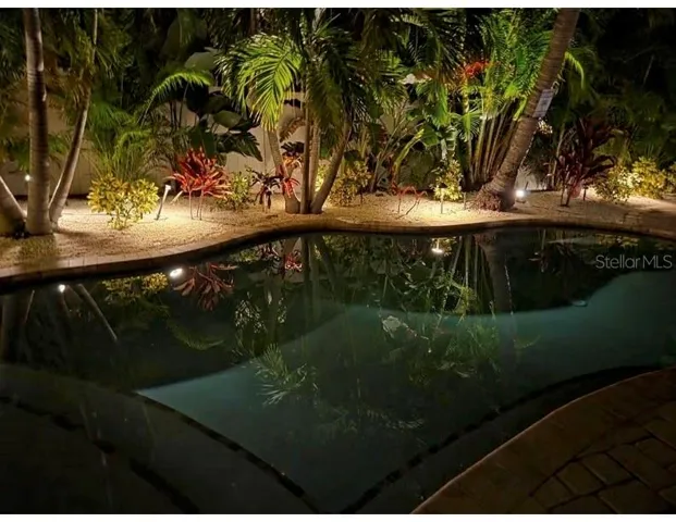 Stunning backyard pool at night, perfect for evening entertaining and relaxation.