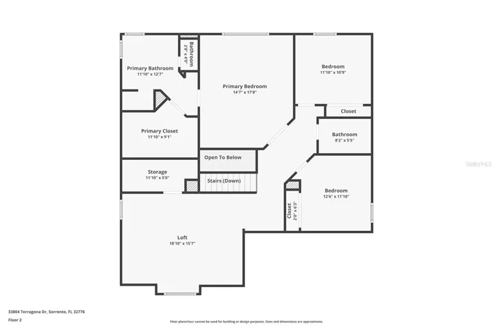Second-floor layout showcases the oversized loft and private bedroom spaces.