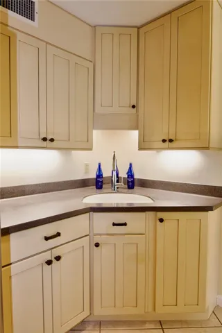 Kitchen with solid wood cabinets.