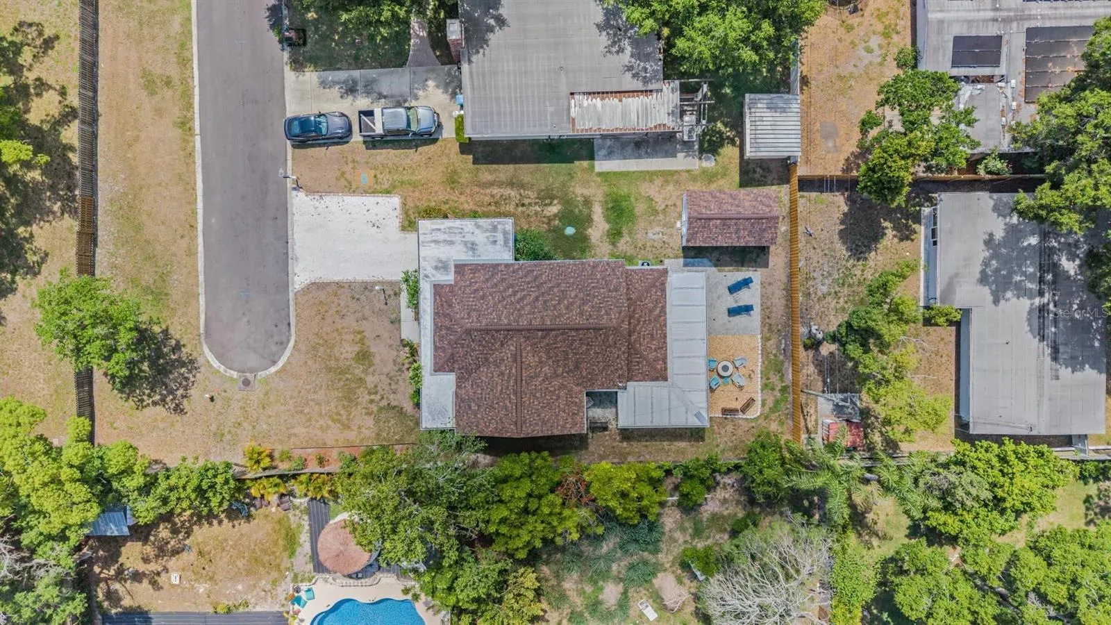Aerial view of property. Very private dead end street.