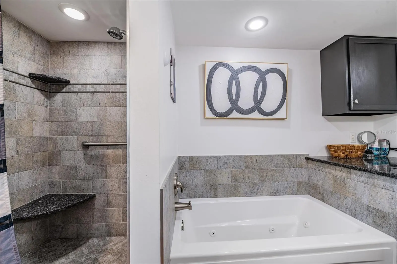 Master bath with shower and Jacuzzi bathtub