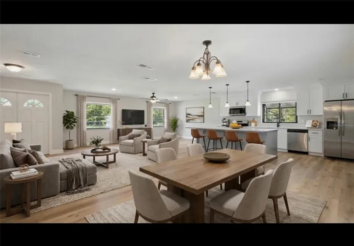 Living Room, Kitchen, and Dining Virtually Staged