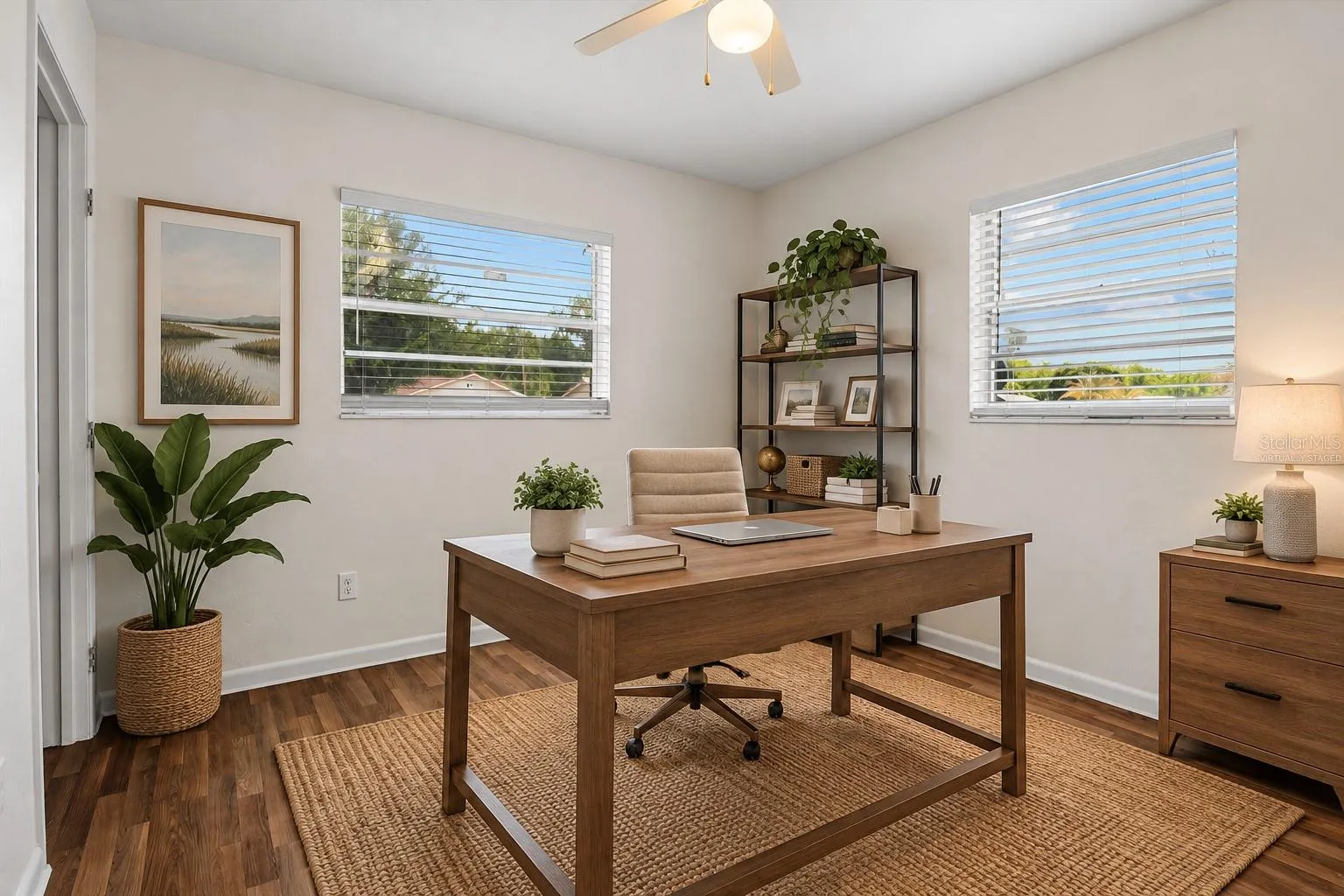 Virtually staged guest bedroom staged as an office