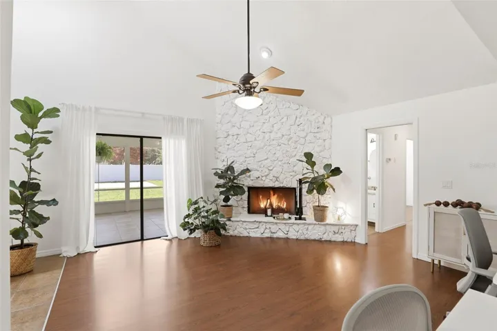 White Stone Fireplace in Family Room
