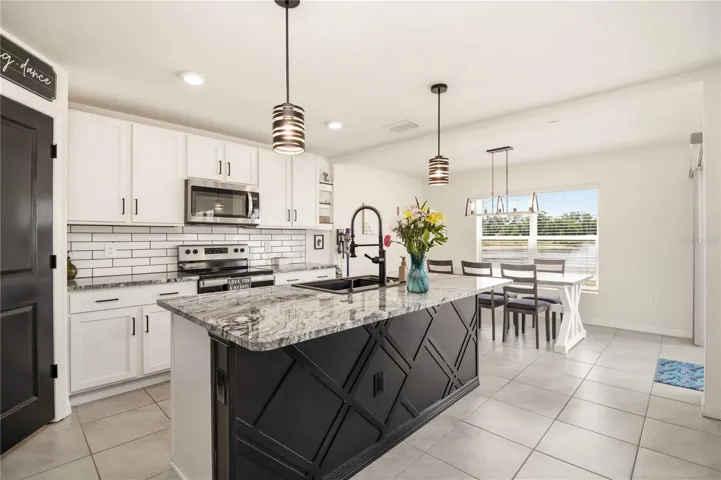 Upgraded kitchen featuring custom backsplash, paneled island, and stainless steel appliances. Evergreen, Bradenton FL
