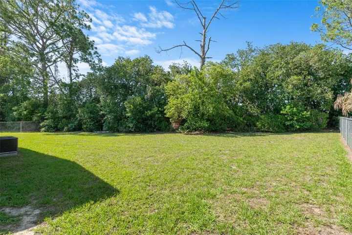 Large open yard with trees in the back for privacy