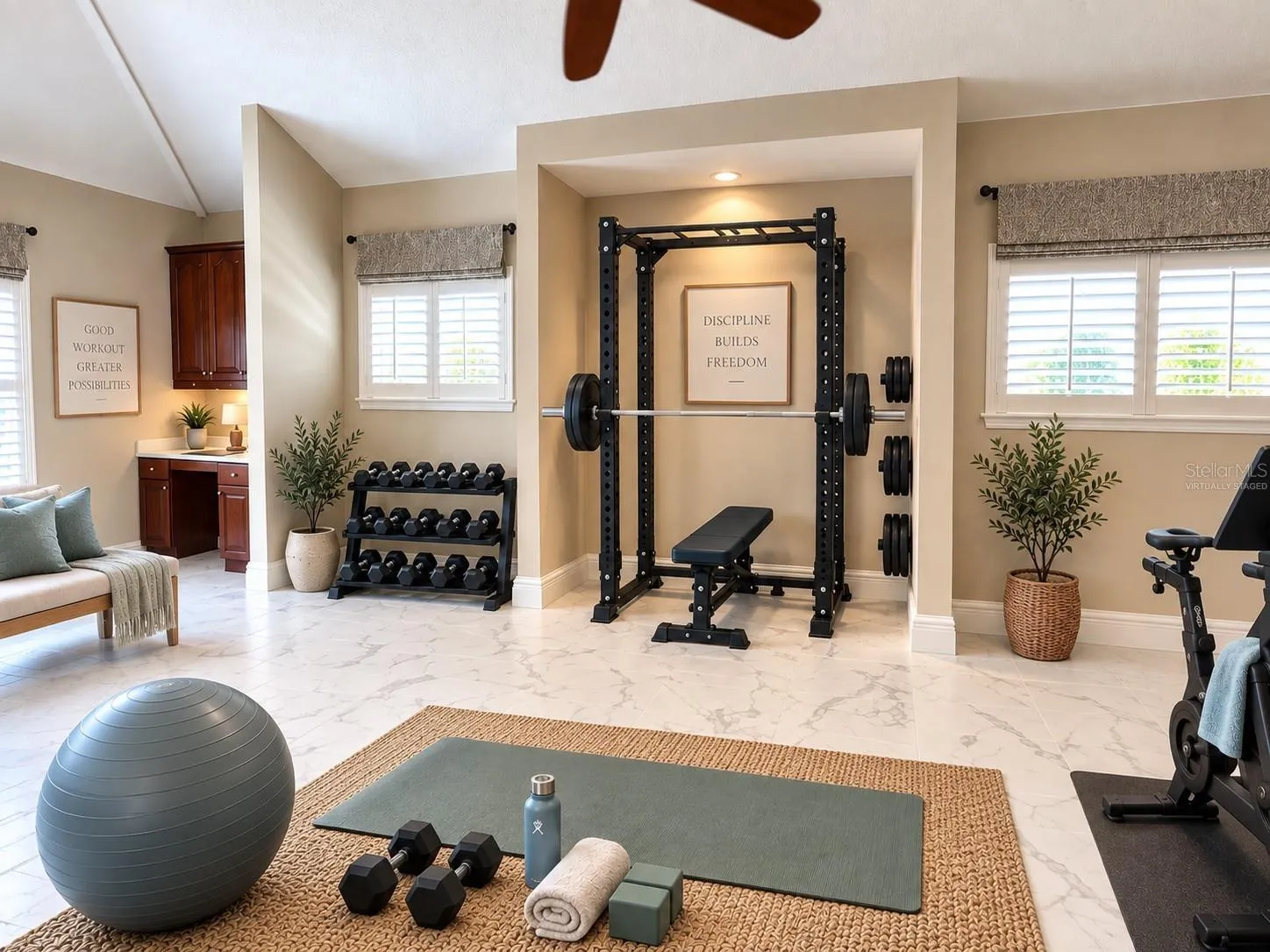 This photo has been virtually staged.  This second option shows that the bonus/fifth bedroom shows the versatility of the room to be a great home workout room.
