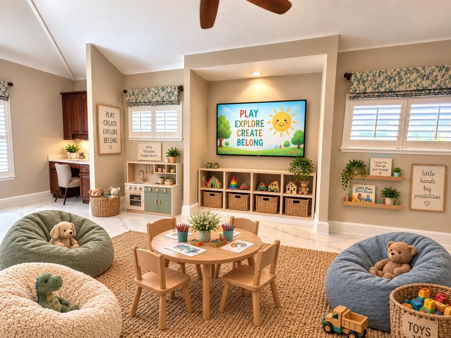 This photo has been virtually staged. Option 4  is a play room or a homeschooling space, but it also could be a private office, a craft room--whatever extra space you want.