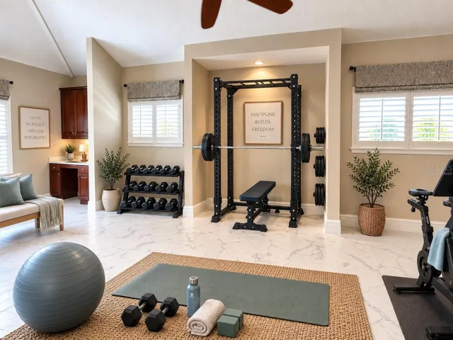 This photo has been virtually staged.  This second option shows that the bonus/fifth bedroom shows the versatility of the room to be a great home workout room.