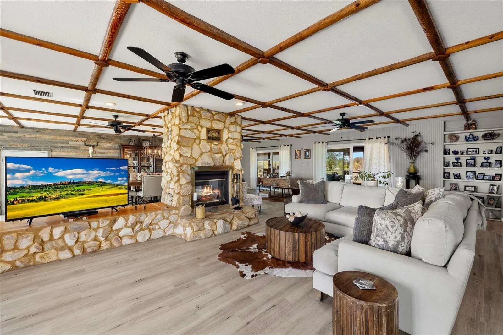 Great Room side of the woodburning Stone Fireplace