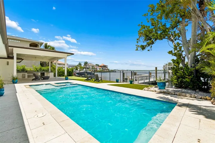 heated salt water pool, shell stone pavers