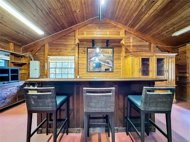 Garage transformed into a fun party space with bar and TV