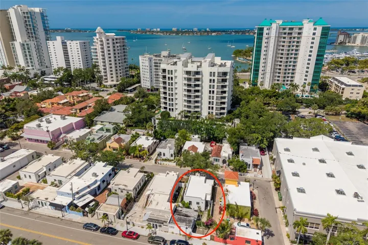 Aerial view of the property in relation to downtown.