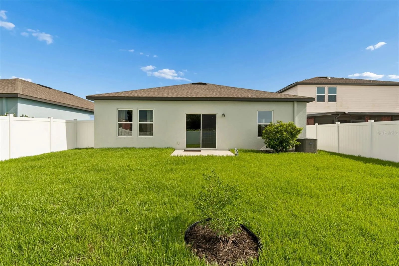 Backyard featuring lush lawn.