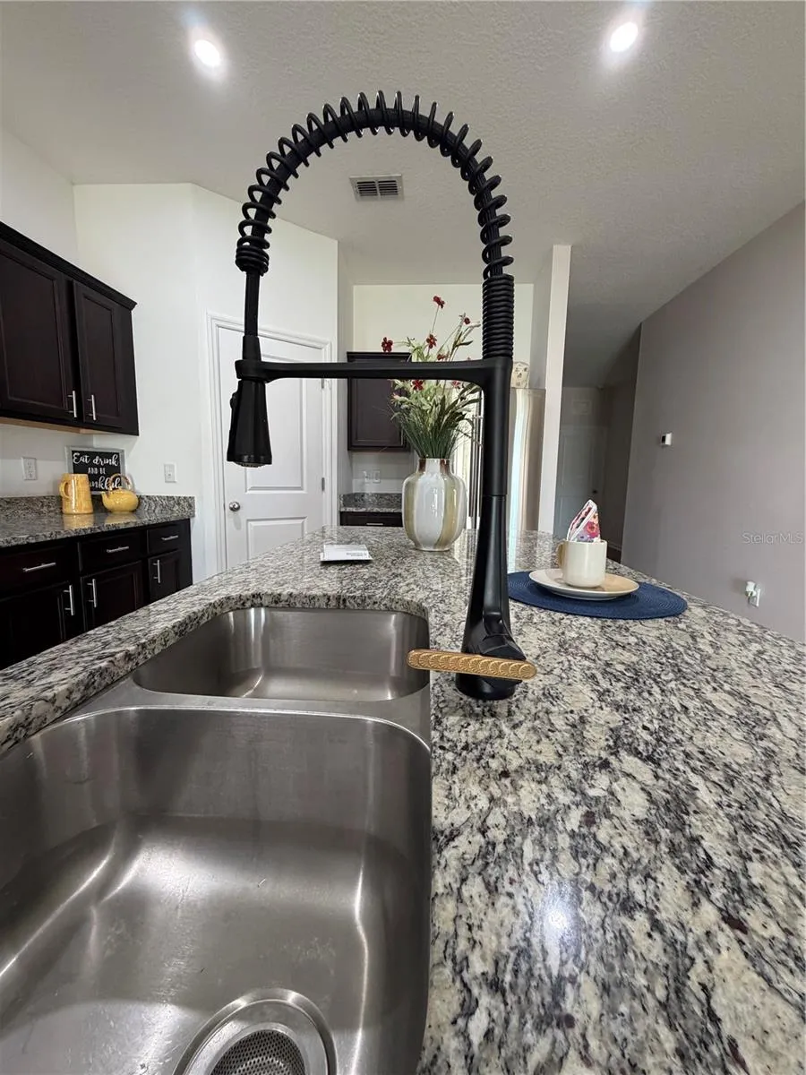 Upgraded industrial faucet and double stainless steel sink custom set in the granite island