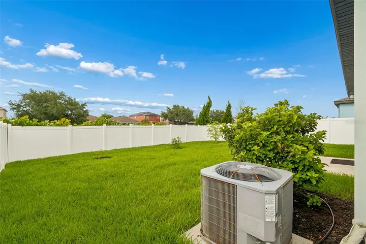 Backyard featuring lush lawn.