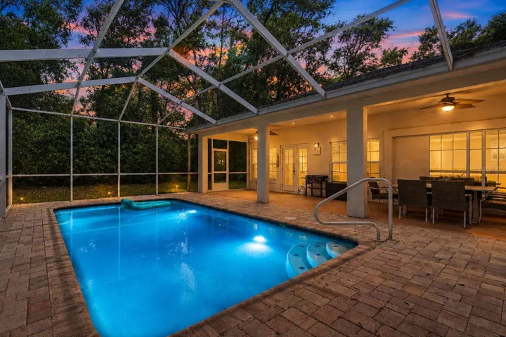 Nighttime image of the pool area.