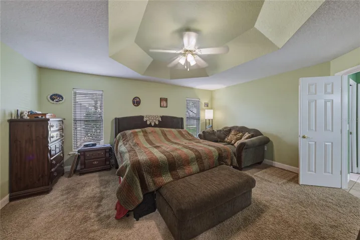The primary bedroom has a tray ceiling, ceiling fan with light, and carpeting.