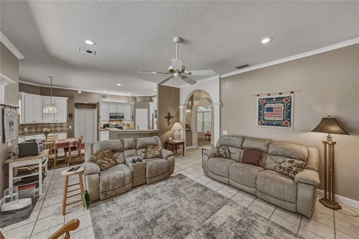 The great room flows into the kitchen and dinette.
