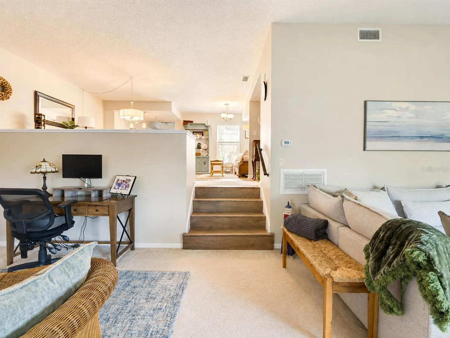 Living Room: Steps to the Dining &amp; Kitchen Areas