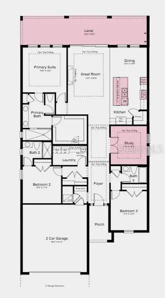 Floor Plan ~ Additional Highlights Include: Gourmet kitchen, waterfall edge counter at kitchen island, 10' ceilings, tray ceiling package, 8' interior doors, interior door at primary closet to laundry, covered extended lanai, study in place of flex, outdoor kitchen rough-in, whole house impact windows, garage floor seal with flakes and clear coat, and pool with spa