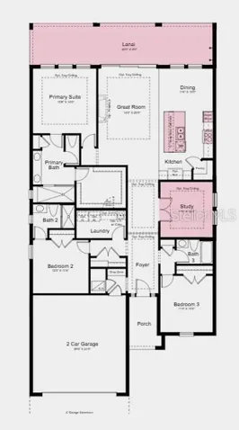 Floor Plan ~ Additional Highlights Include: Gourmet kitchen, waterfall edge counter at kitchen island, 10' ceilings, tray ceiling package, 8' interior doors, interior door at primary closet to laundry, covered extended lanai, study in place of flex, outdoor kitchen rough-in, whole house impact windows, garage floor seal with flakes and clear coat, and pool with spa