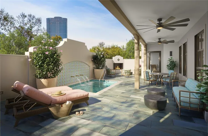 Perfect mix of sun and shade. Covered and sunlit seating area. The gas fireplace and plunge pool are the perfect places to lounge
