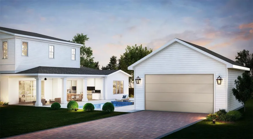 Back view with detached garage