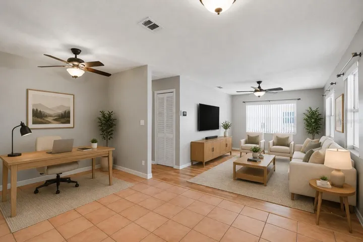 AI furnished large living room with flex space for office, bar, dining space