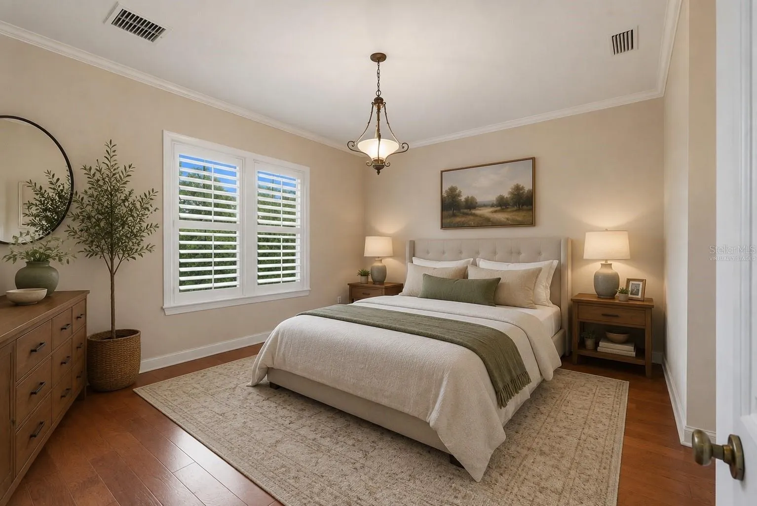 Virtually staged. Bed oriented across from door.