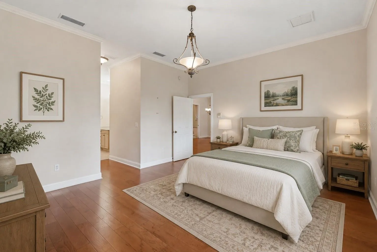 Virtually staged. Bed oriented by door.