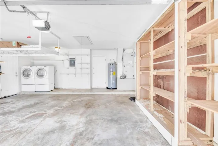 Two car garage with electric opener and washer and dryer included.